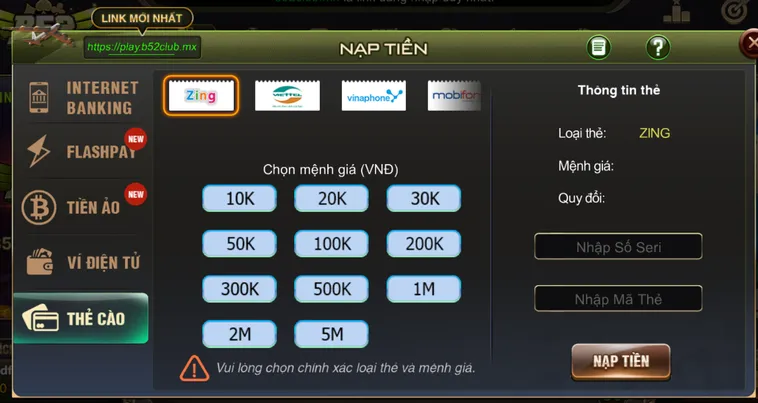 Nạp tiền qua thẻ cào an toàn bảo mật tiện lợi nhanh chóng.