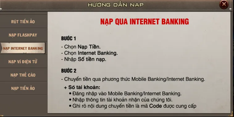 Hướng dẫn nạp tiền qua internet banking tại b52.
